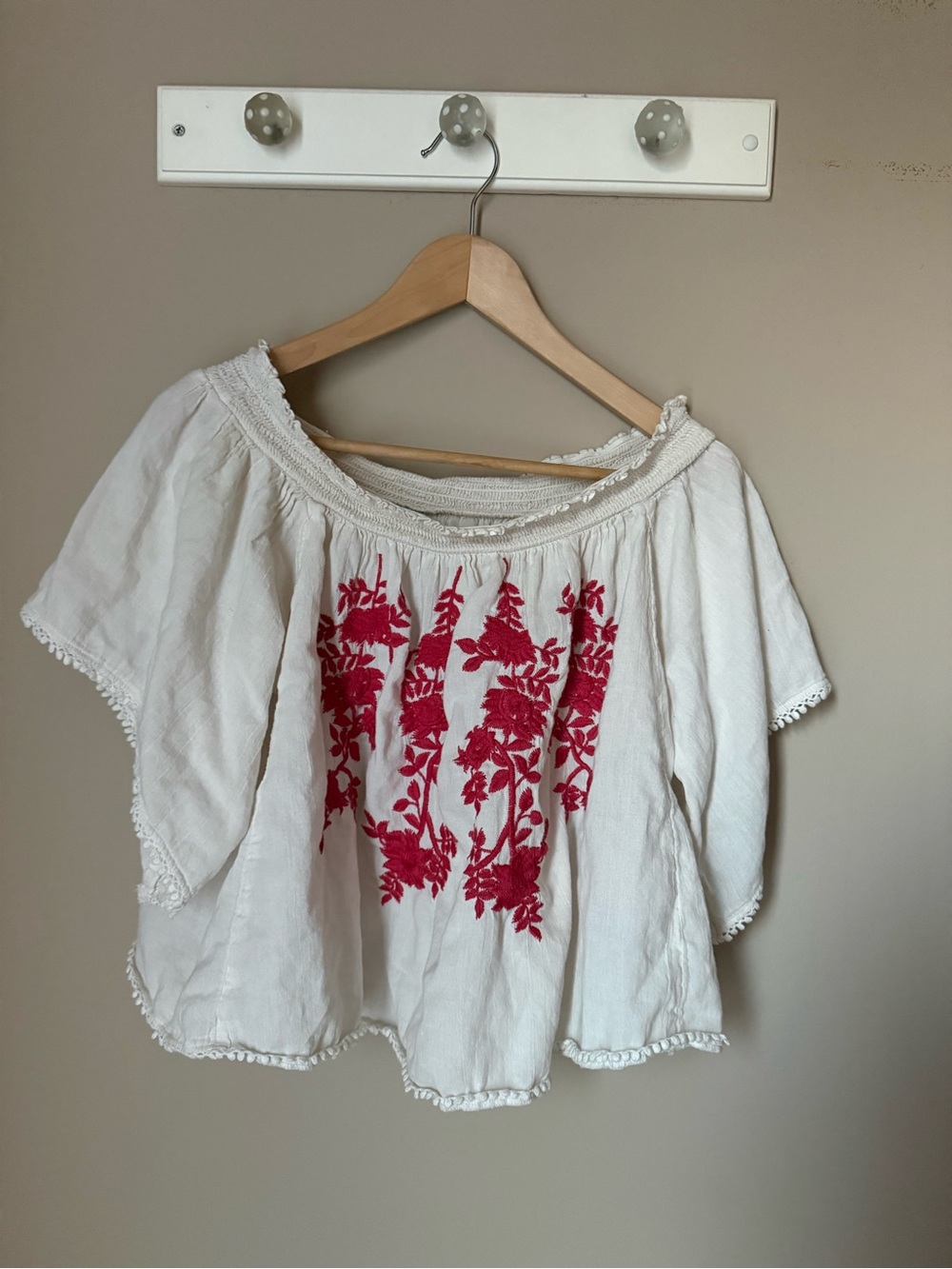 United Colors Of Benetton White Off-Shoulder Top with Red Floral Embroidery